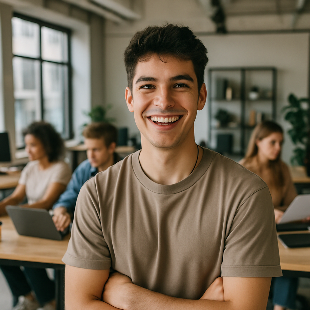 photographic Een blije Gen Zer in een modern kantoor met op de achtgrond collegas die aan het werk zijn