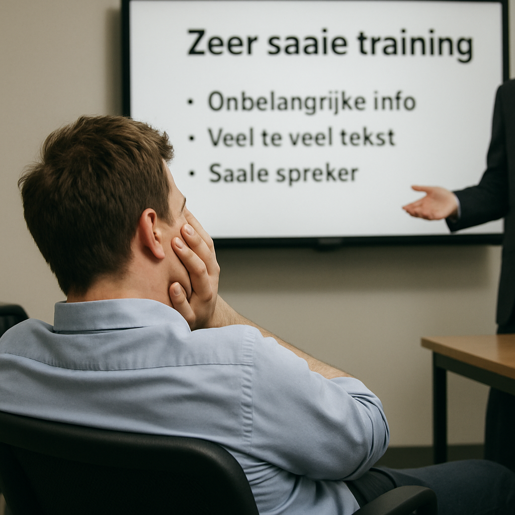 Een medewerker die zich kapot verveelt op een super saaie training kijkend naar een slechte powerpoint presentatie De tekst in de presentatie is in he