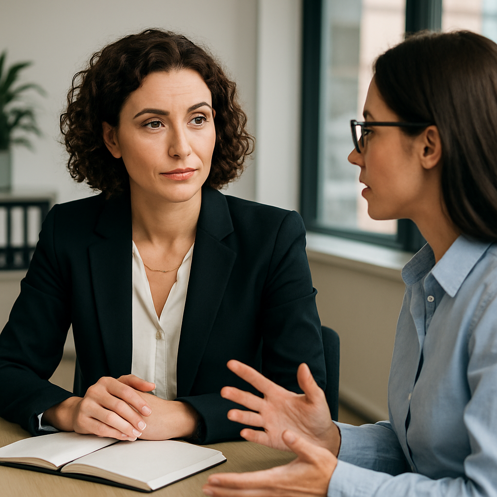 Een vrouwelijke manager die aandacht luistert naar een medewerker-1 Een vrouwelijke manager die aandacht luistert naar een medewerker-1